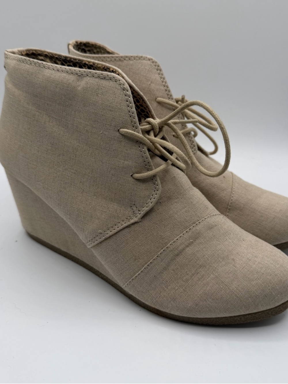 Call It Spring Wedge Booties Womens 7.5 Beige Canvas Lace Up Leopard